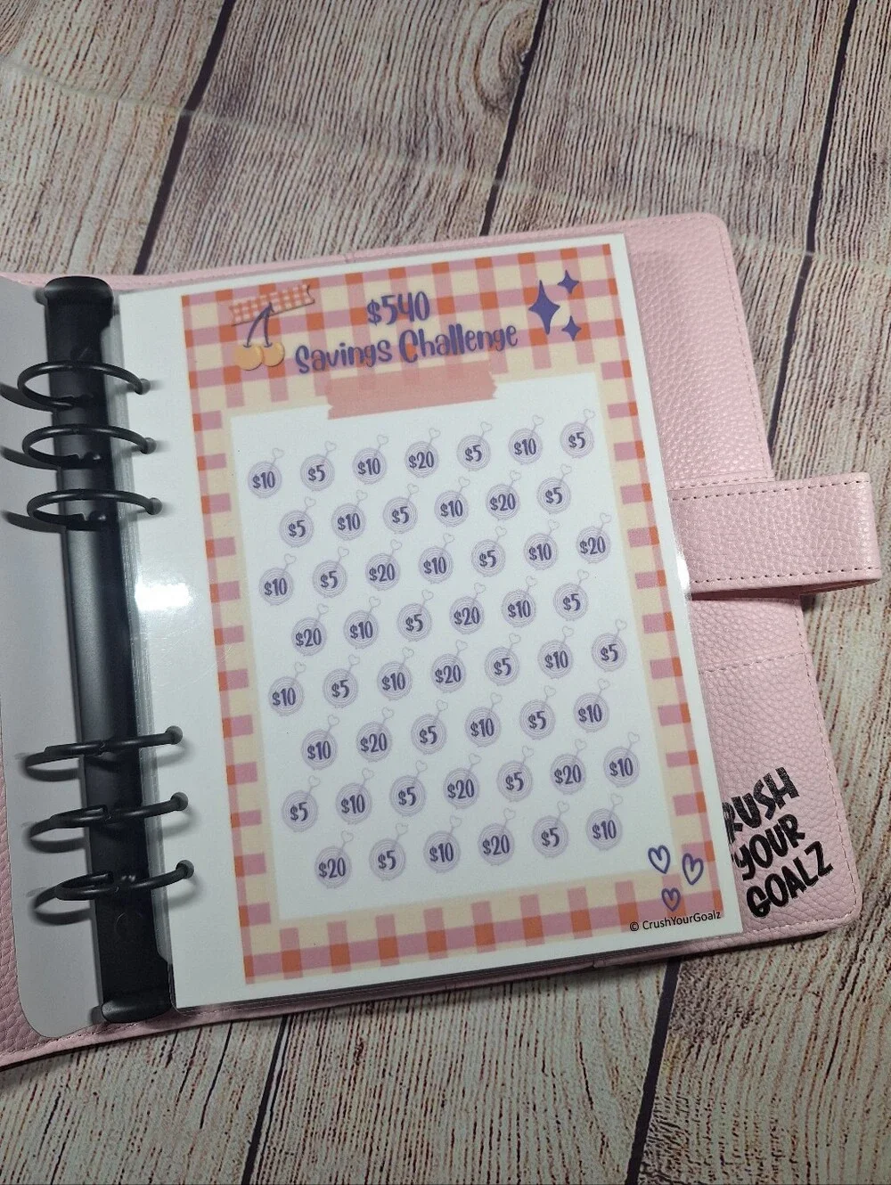 Planner and Savings Challenge 540 Dollars Cherry Savings  With Pale Pink Planner